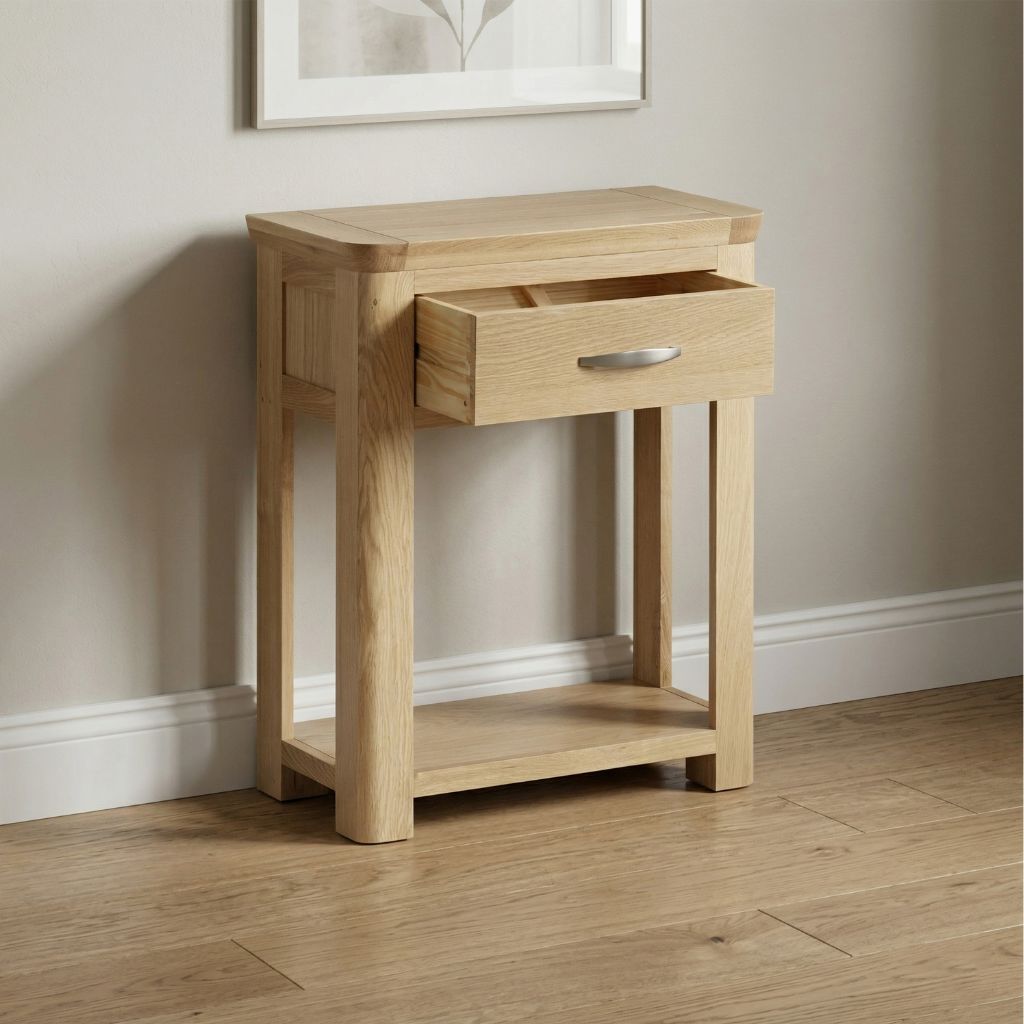 The hall console features a drawer and open bottom shelf.