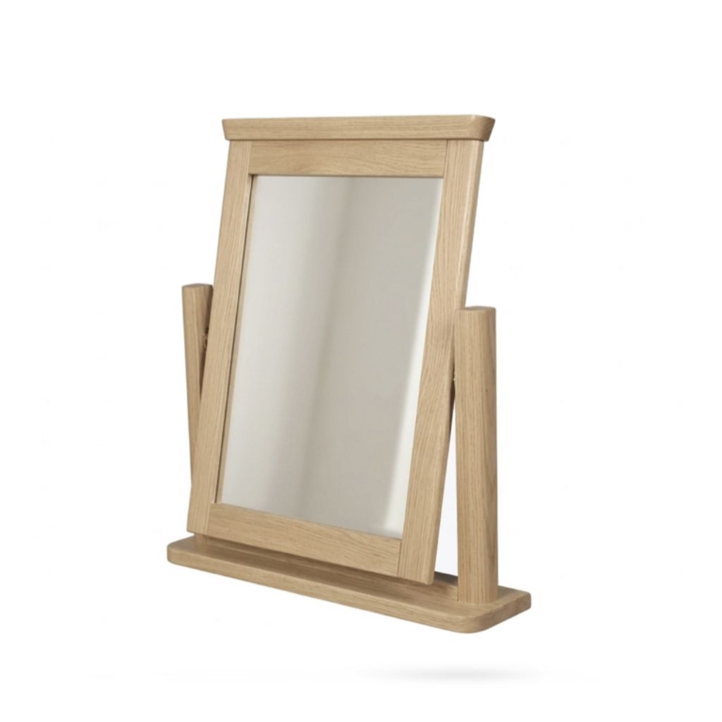 A light oak wood freestanding mirror with a natural wood frame.