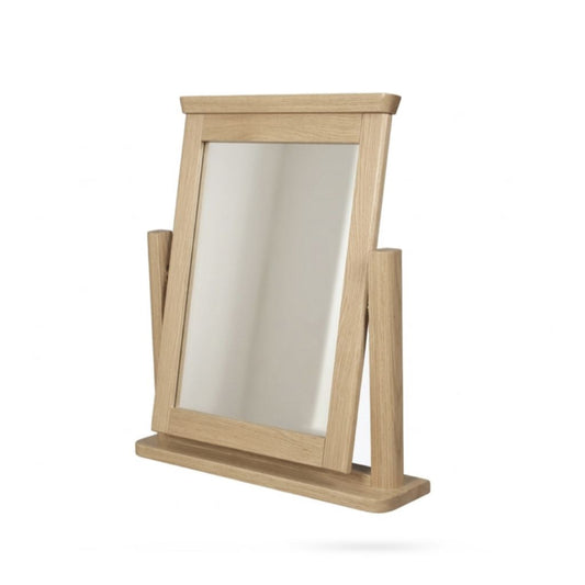 A light oak wood freestanding mirror with a natural wood frame.