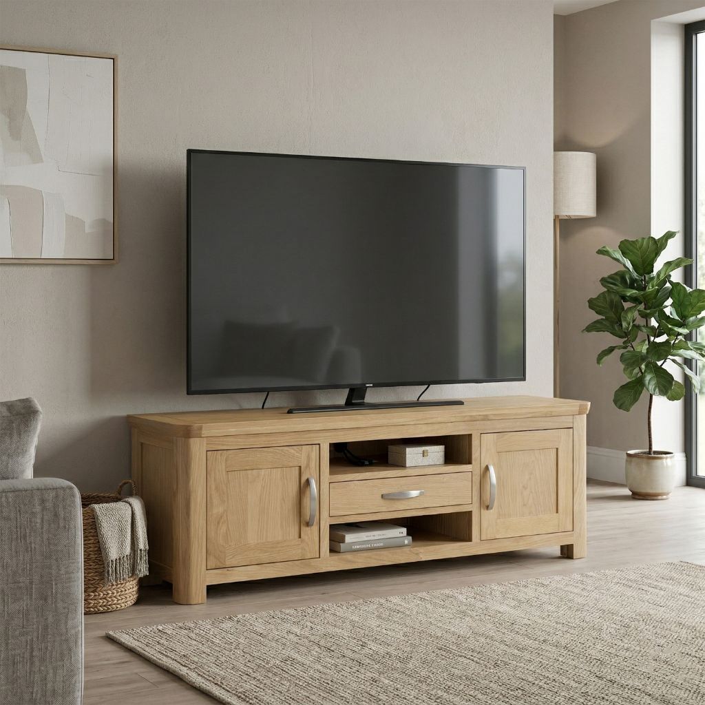 A natural oak large TV unit with curved edges.