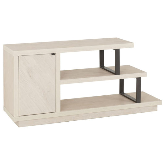Light wood TV stand with metal legs on a white background