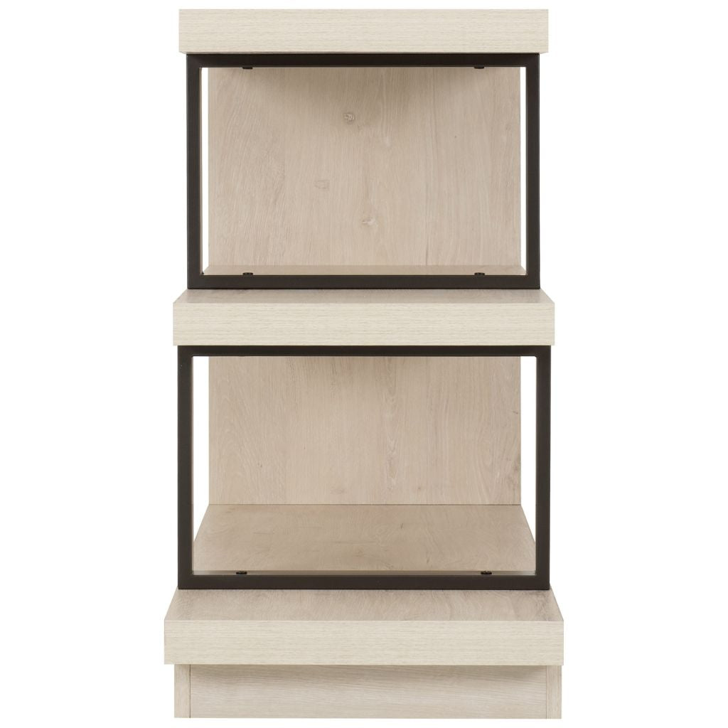 Beige shelf with black metal frame on a white background