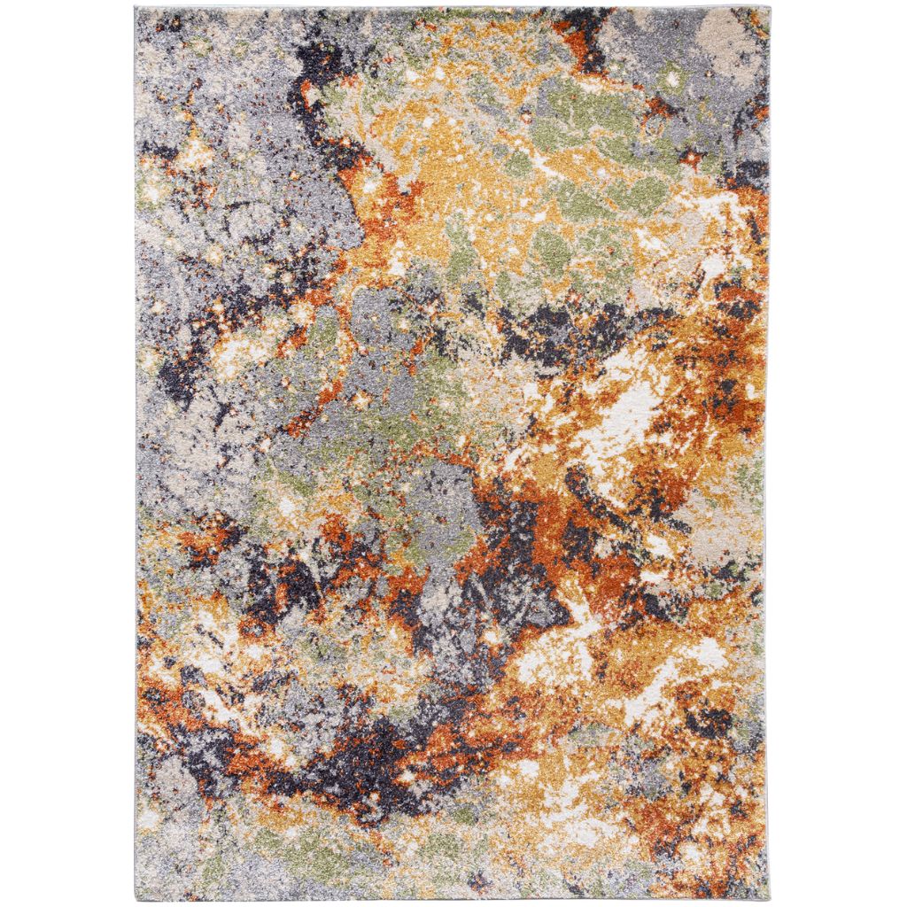 Multicolored area rug with abstract pattern on a white background