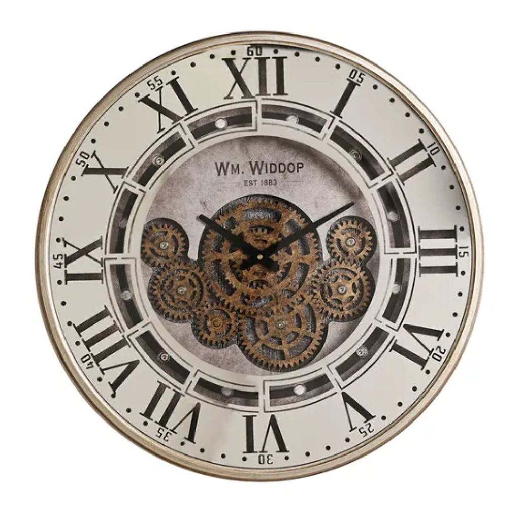 Decorative wall clock with mechanical design and 'W.M. Widdop' branding.