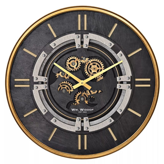 Decorative wall clock with mechanical design and gold accents on a white background