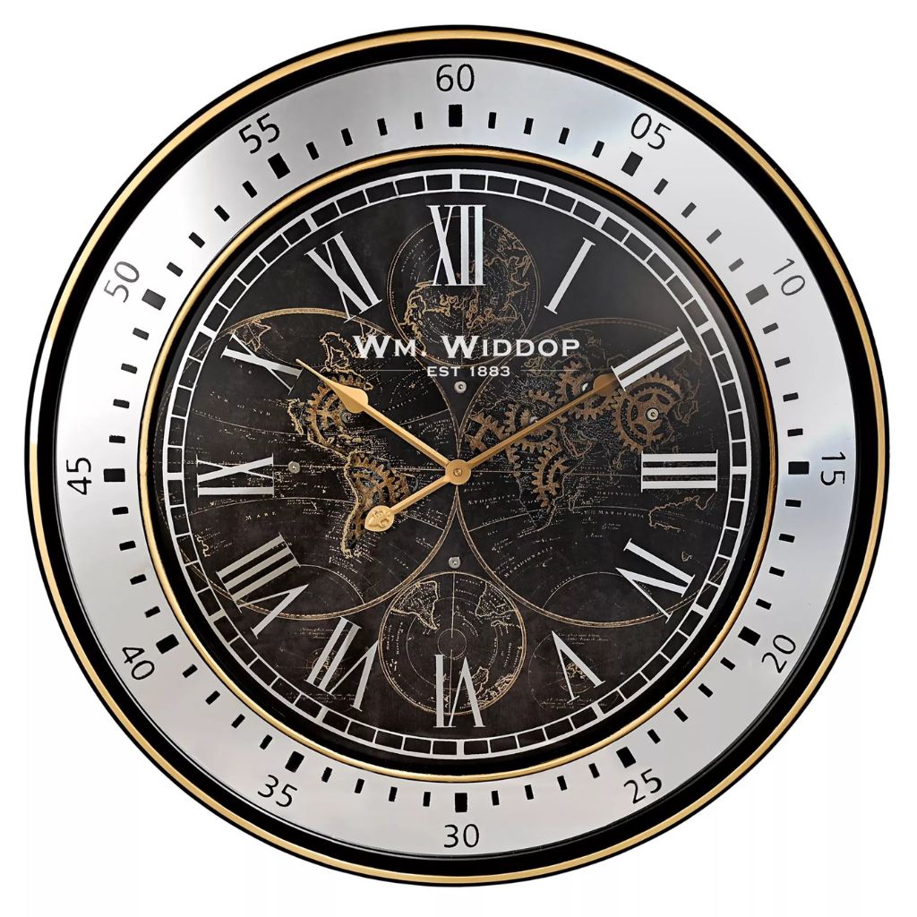 Wall clock with world map and roman numerals