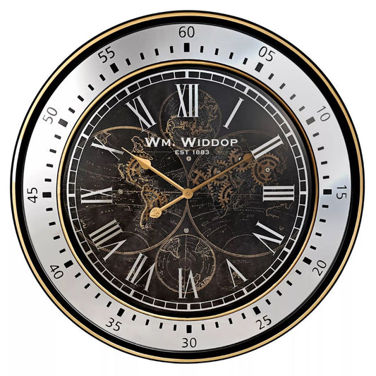 Wall clock with world map and roman numerals