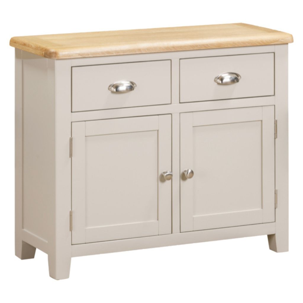 Grey sideboard with wooden top on a white background