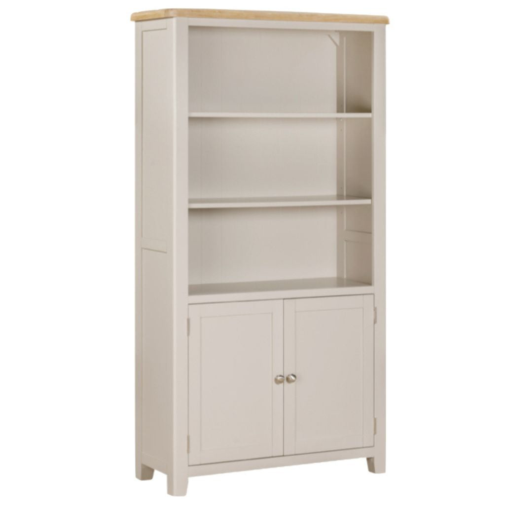 Grey bookshelf with wooden top on a white background