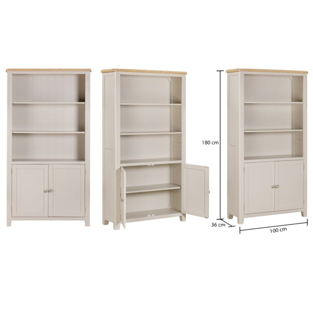 grey bookcase with shelving and 2 doors