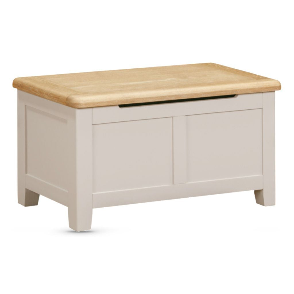 Grey storage box with a wooden top on a white background