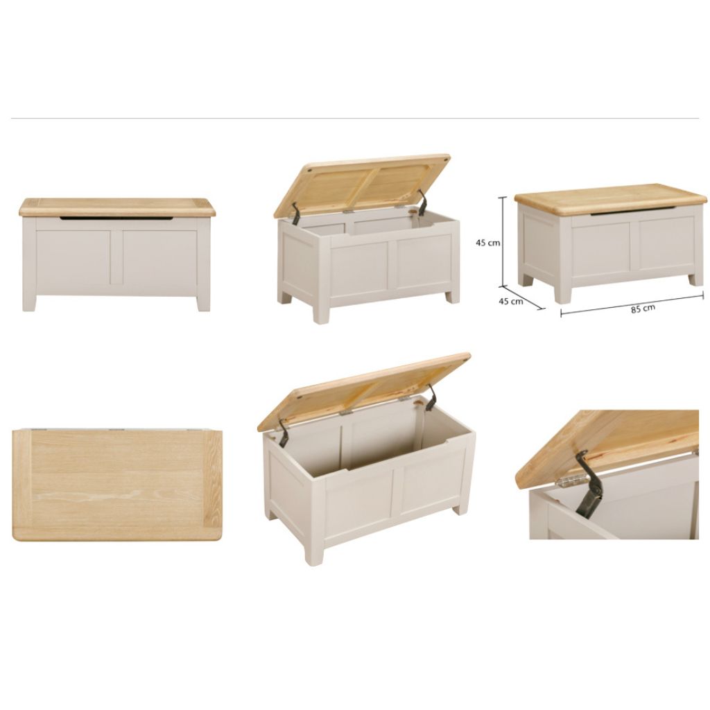 Grey storage bench with wooden top and dimensions displayed