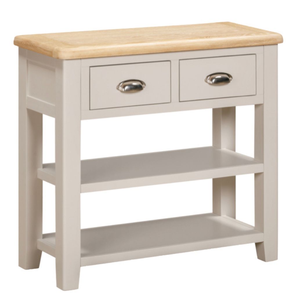 Hall table with a wooden top and two drawers on a white background