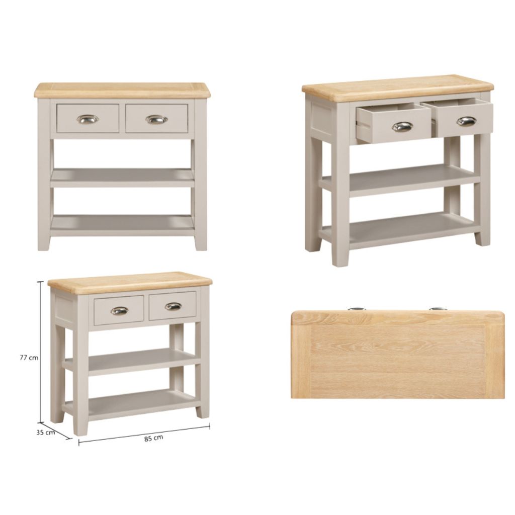 wooden console table with a light grey base and natural wood top, including dimensions.