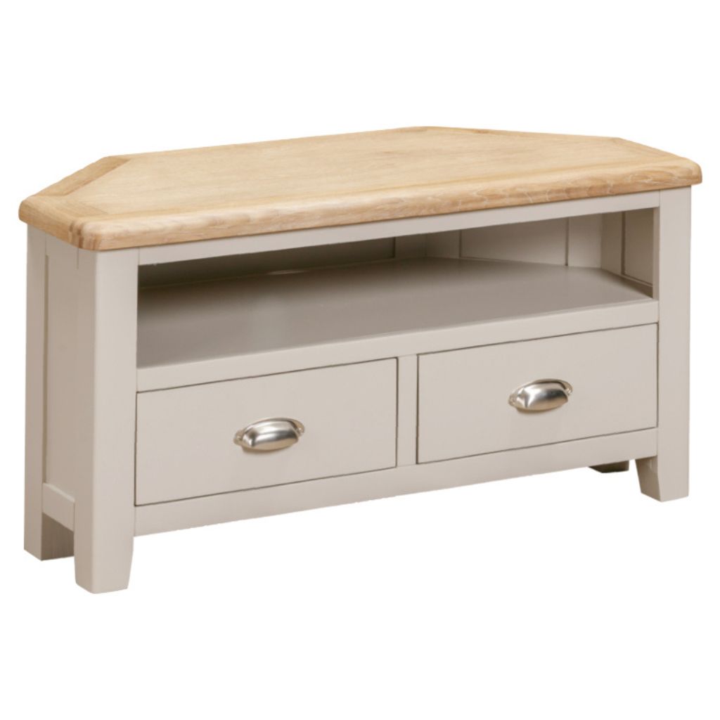 Wooden TV stand with a light gray base and a wooden top on a white background