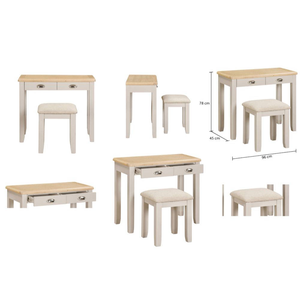 Grey dressing table with oak top and matching stool