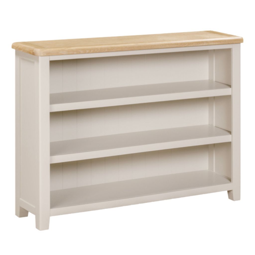 Grey bookshelf with a wooden top on a white background