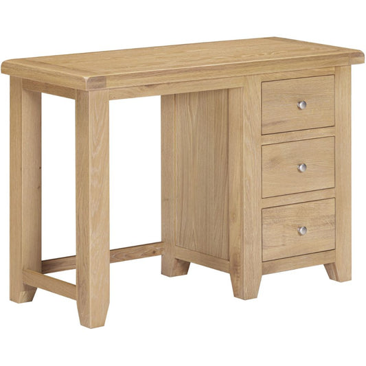 Wooden desk with three drawers on a white background