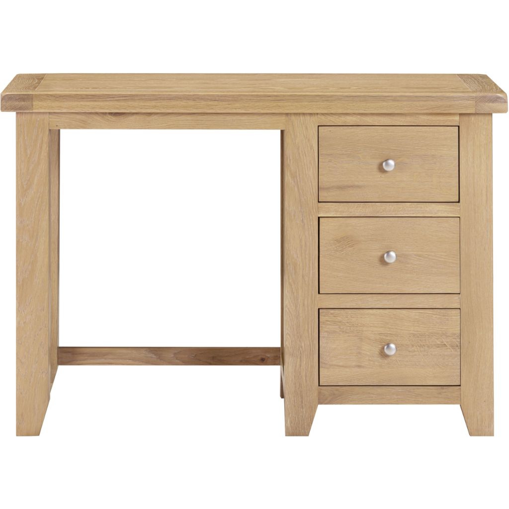 Wooden desk with three drawers on a white background