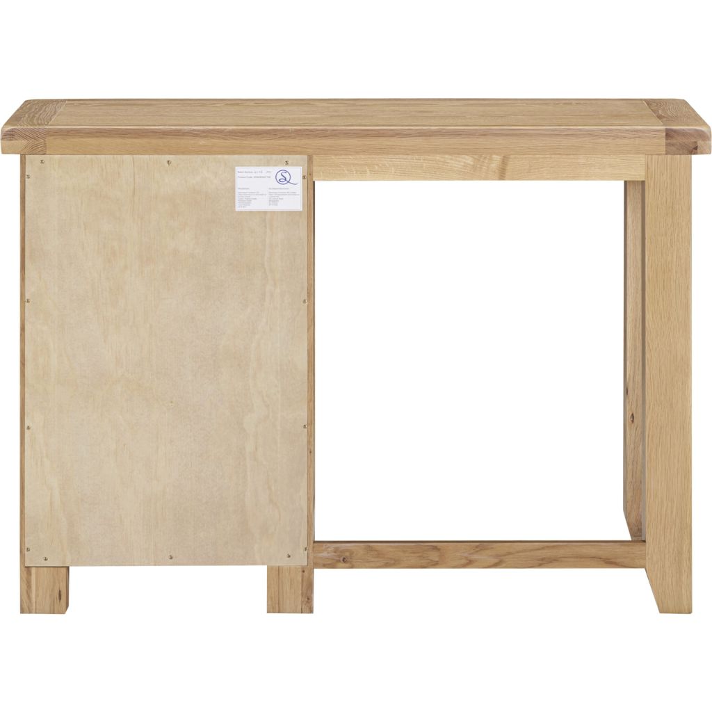 Wooden table with a visible brand label on a white background