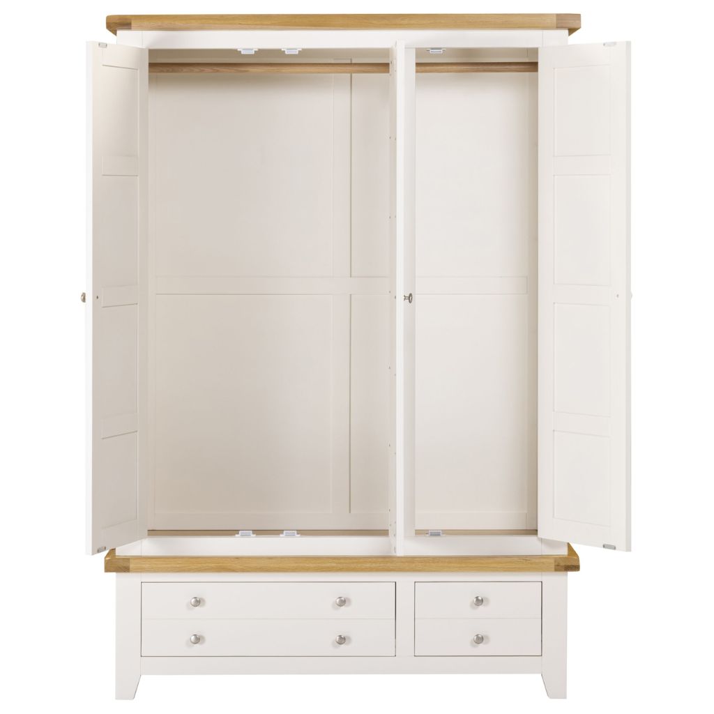Ivory wardrobe with wooden top and bottom section on a white background