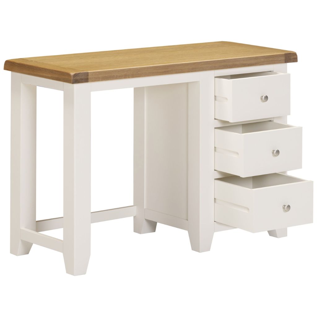 Ivory desk with wooden top and drawers on a white background