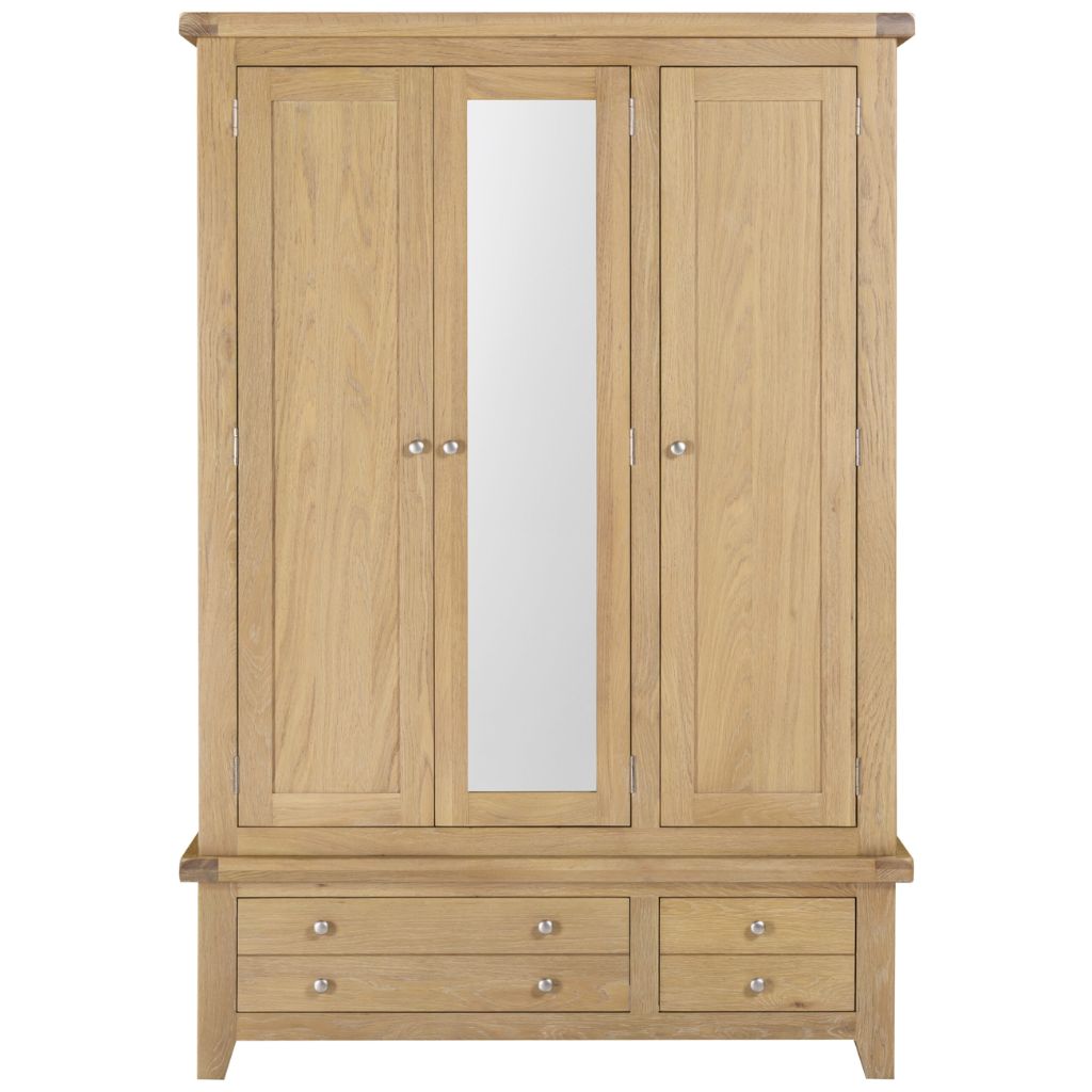 Wooden wardrobe with two doors and a mirror, two drawers below on a white background
