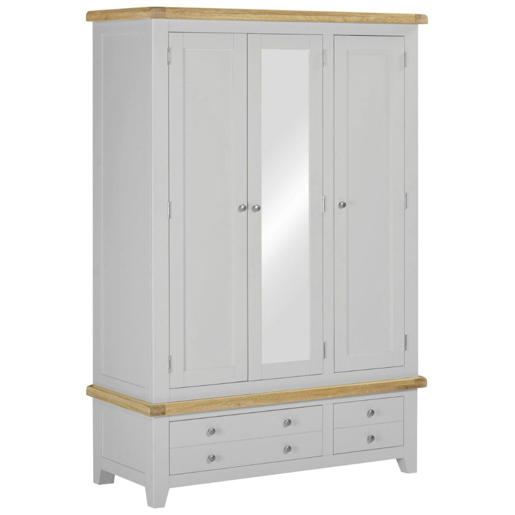 Grey wardrobe with wooden top and bottom on a white background