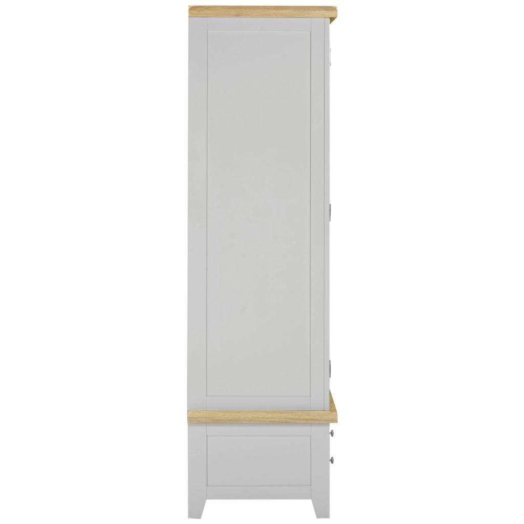 Grey cabinet with wooden top and bottom on a white background