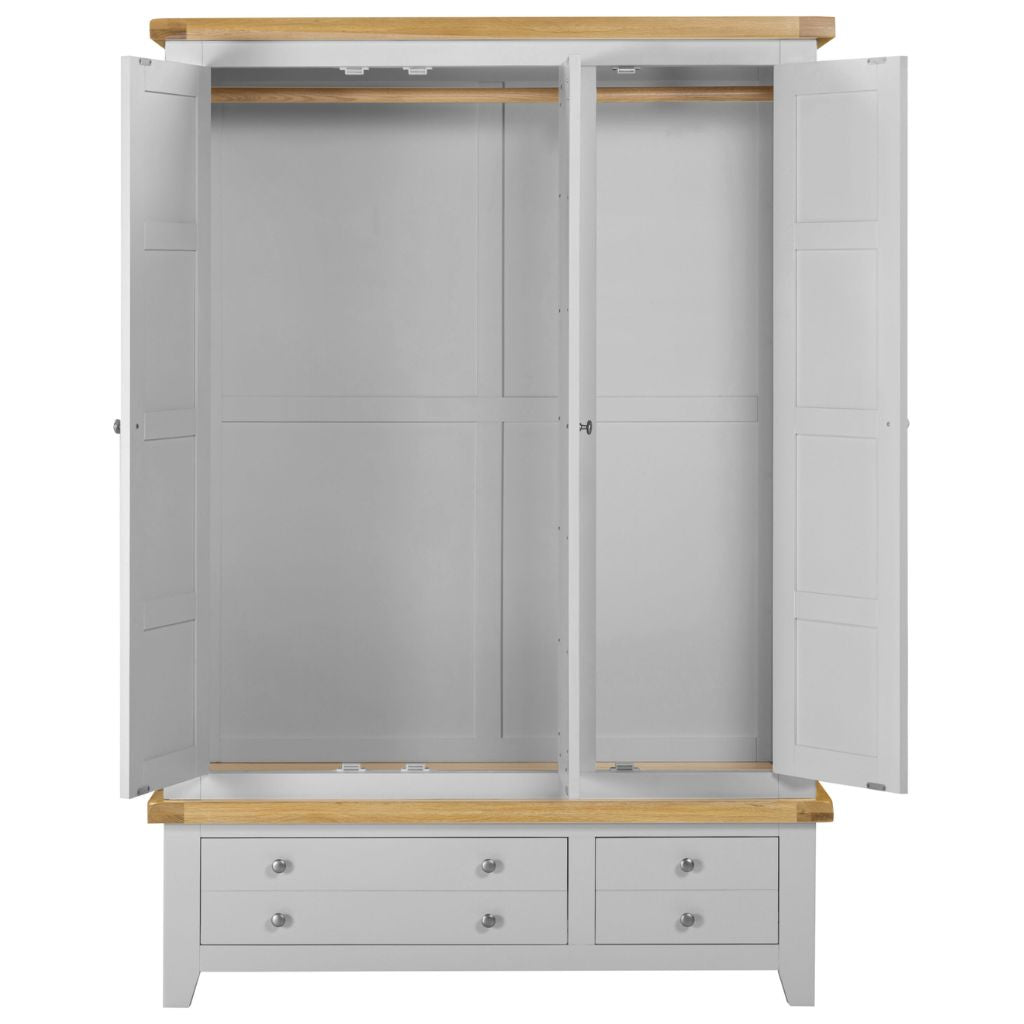 Grey wardrobe with wooden top and base on a white background