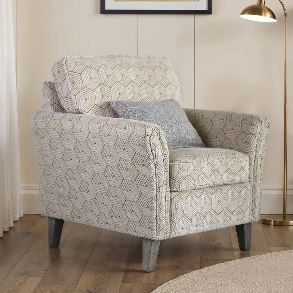 Patterned armchair with a gray pillow in a room with a lamp and framed picture on the wall.