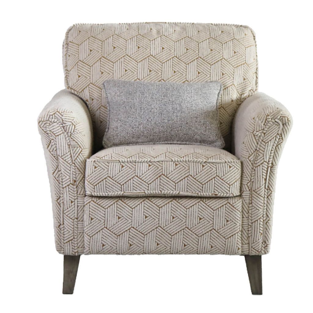 Patterned armchair with a gray pillow on a white background