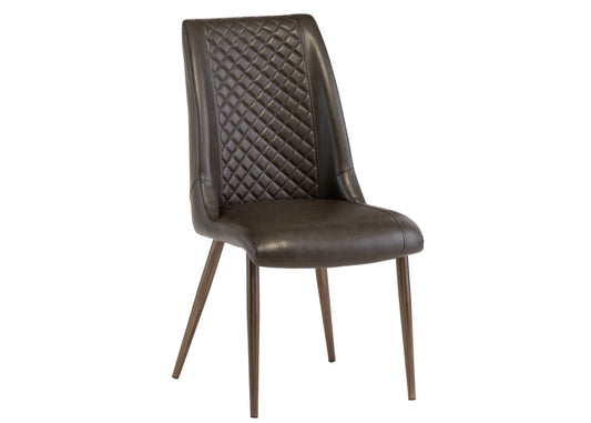 Modern dark brown PU dining chair with quilted backrest and metal legs.