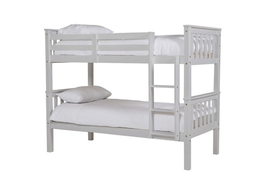 Grey wooden bunk bed with ladder and safety rails