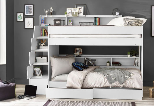 Modern white bunk bed with integrated shelves