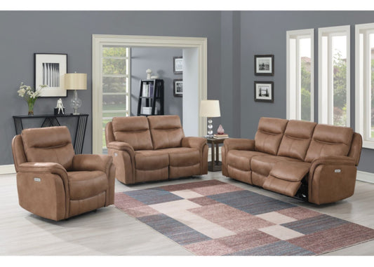 Brown leather reclining sofa set including an armchair