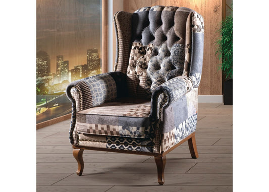 Patterned tufted armchair with wooden legs