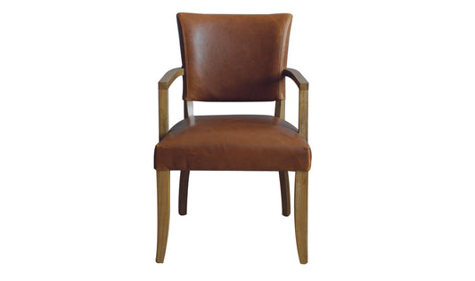 Brown leather armchair with wooden legs and armrests