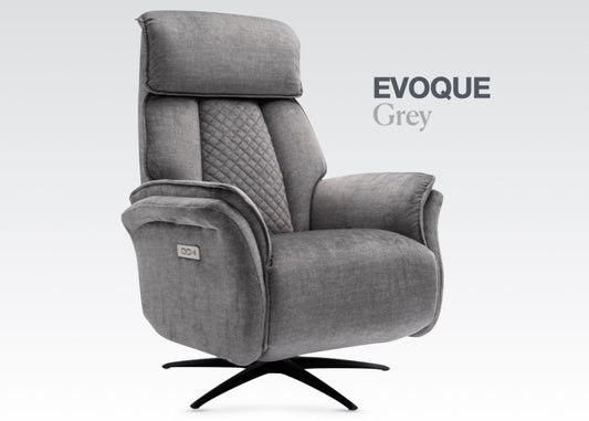 Evoque Grey reclining chair with quilted backrest and black swivel base