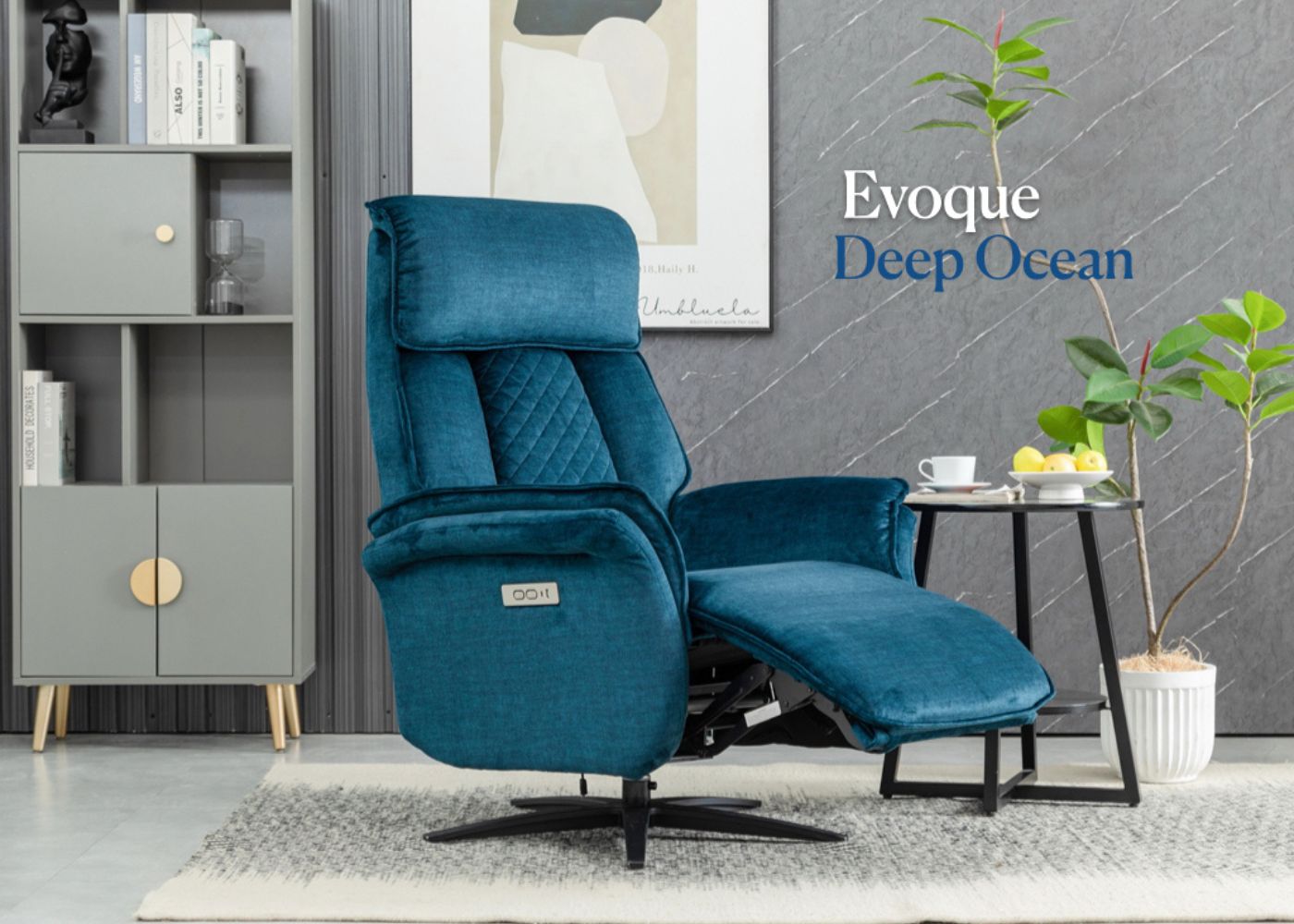 Evoque Deep Ocean Electric Reclining Swivel Chair by Annaghmore Foot