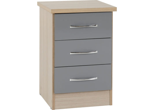 Three-drawer wooden nightstand with grey front panels and silver handles