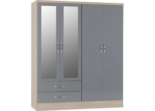 Nevada Grey Gloss and Light Oak Effect 4-Door 2-Drawer Mirrored Wardrobe by Wholesale Beds & Furniture