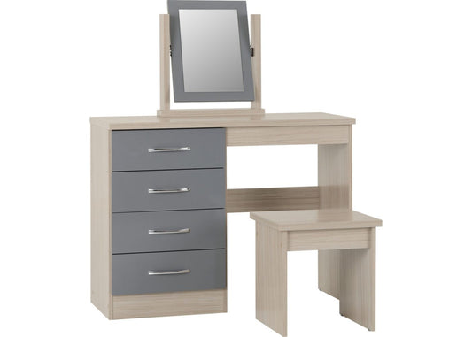 Wooden dressing table with mirror and grey drawers