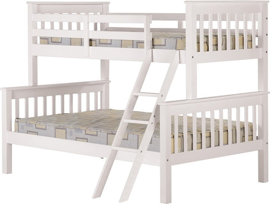 White wooden triple bunk bed with ladder