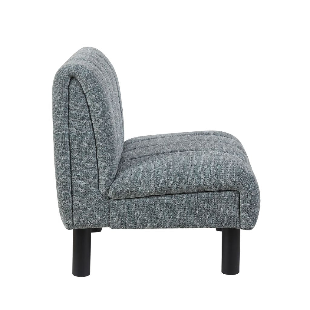 side view of accent chair featuring gorgeous vertical channel stitching in shade grey