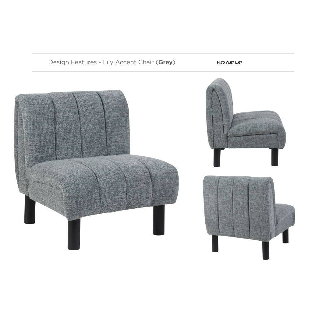 Grey upholstered accent chair shown from three beautiful angles including dimensions 'H:75 W:47 L:47'.