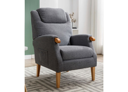 Modern grey upholstered armchair with wooden armrests and legs.