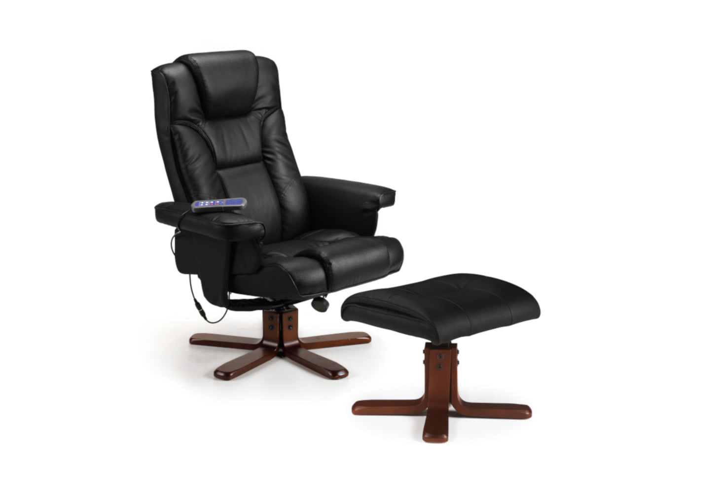 Black faux-leather recliner chair with matching footstool and remote control.