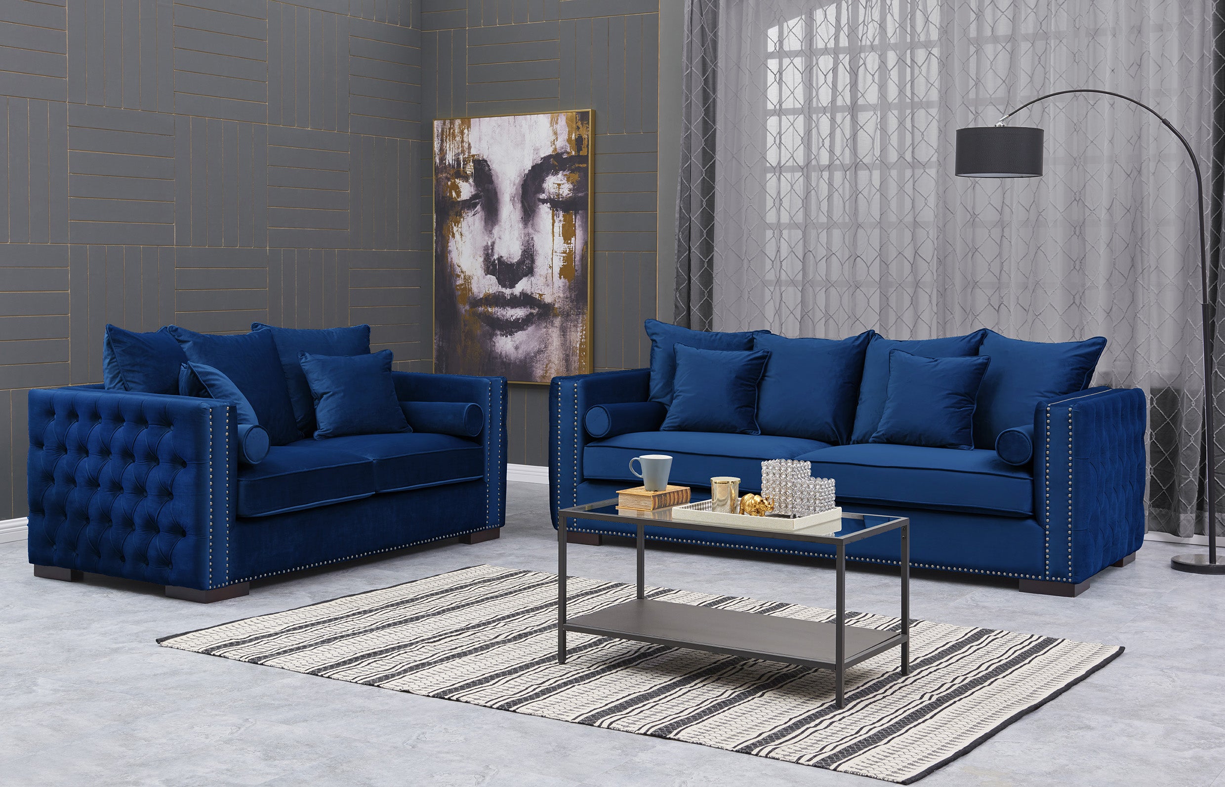 Gray and royal blue living room online