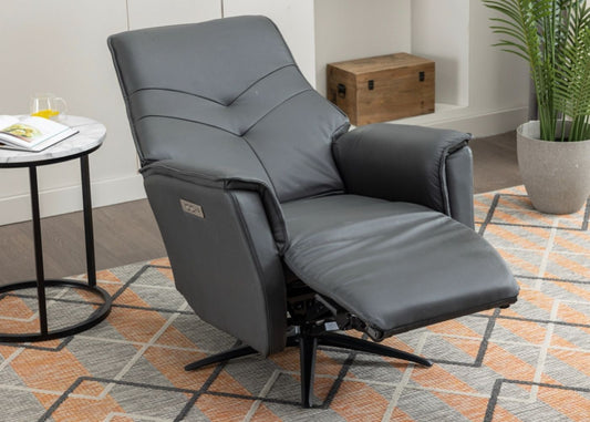 Black leather reclining chair with footrest and ergonomic design.